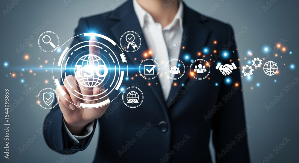 Poster person in suit pointing at iso icon surrounded by other business related icons and light effects