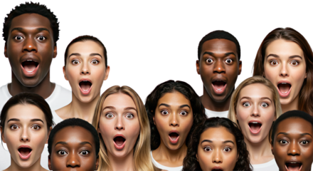 Diverse Group of People with Open Mouths Surprised Expressions.