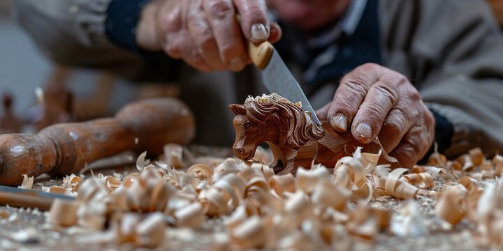 Carpenter carving wooden horse with carving knife, wood shavings on workbench