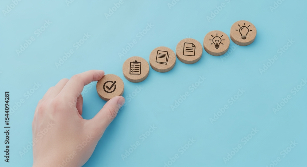 Poster hand placing a checkmark wooden disc in a sequence of business concept icons on a blue background