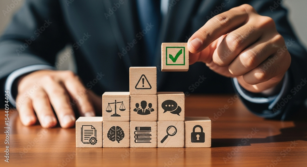 Aufkleber Man placing a wooden block with a checkmark on top of a pyramid of wooden blocks with icons