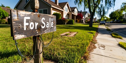 For sale sign announces house for sale in residential neighborhood