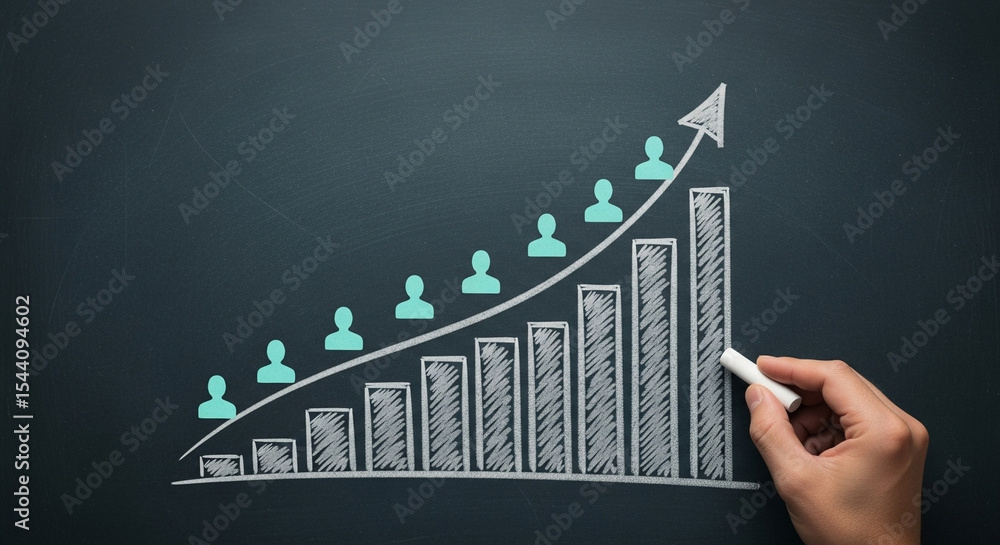 Poster hand drawing a growth chart with chalk on a dark board showing people and increasing bar graph