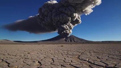 Eruption of volcano in desert landscape creates dramatic ash cloud during daylight