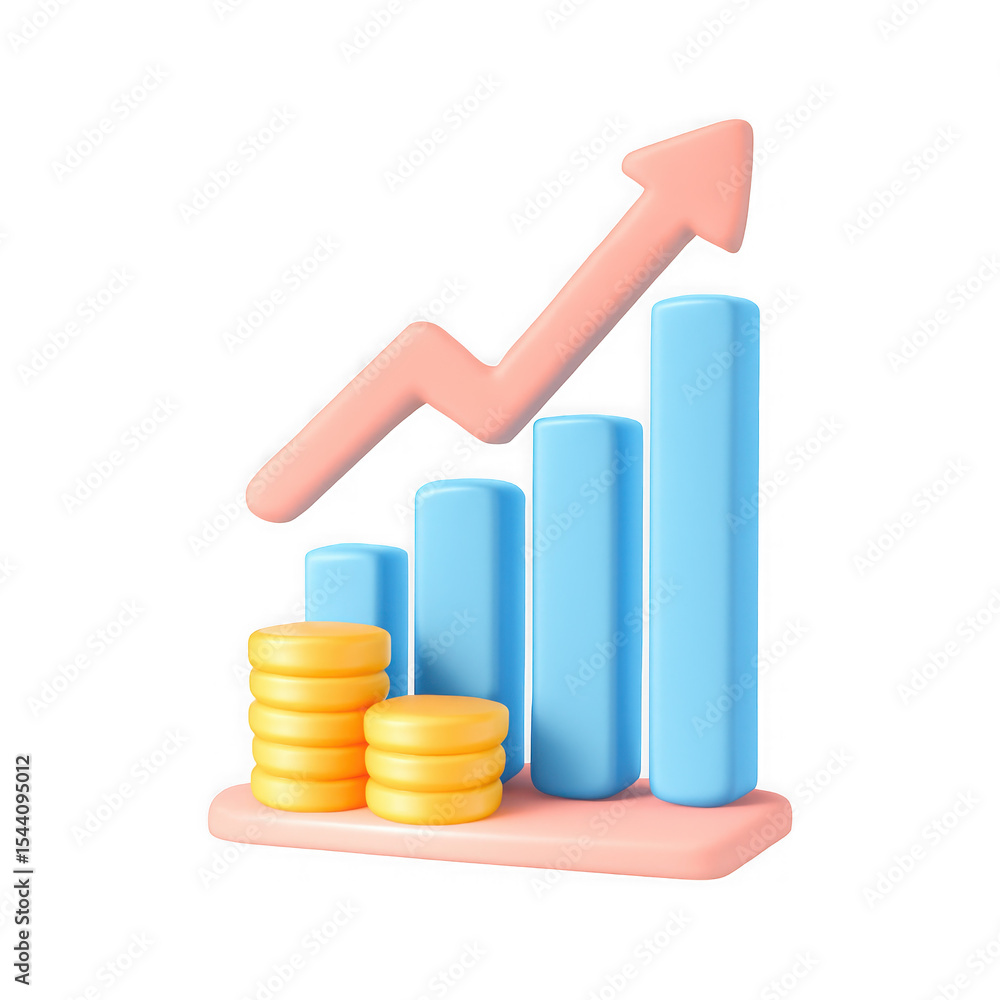 Poster 3d render of growing bar chart with coins isolated on transparent background