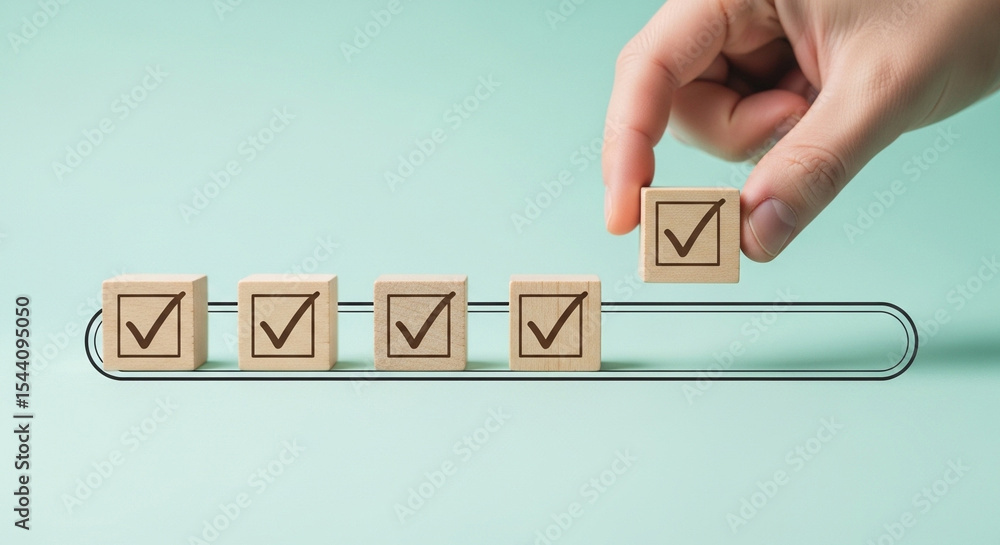 Poster Hand placing a checkmark block on a progress bar with completed tasks against a light green background
