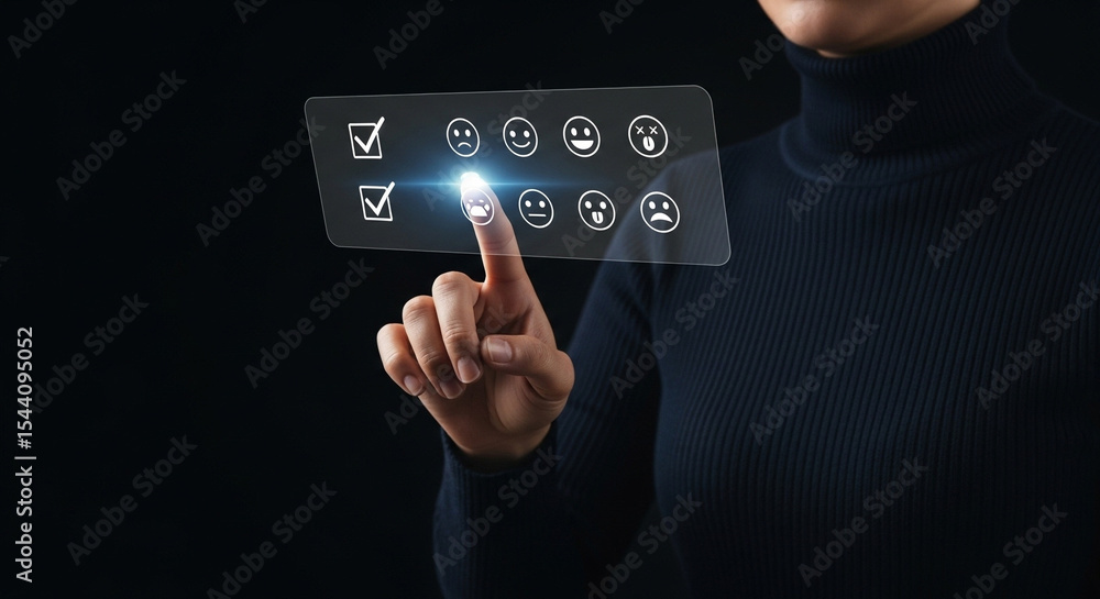 Poster Person selecting a rating on a digital interface with various emoticons and checkmark options shown