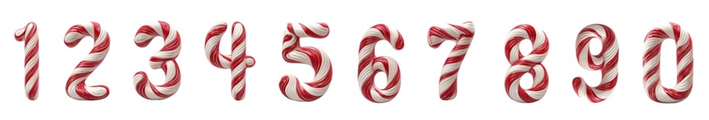 The three-dimensional numbers from 0 to 9 are made in the form of New Year's lollipops with red and white stripes on a dark background. Perfect for holiday decoration and Christmas design.. © nina blez
