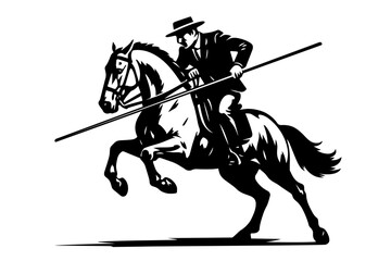 Rider with a lance performing traditional working equitation movement on a horse