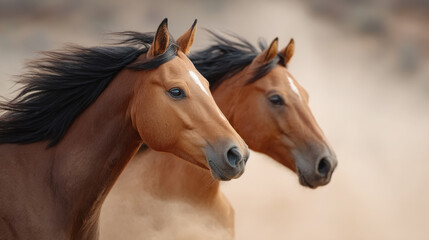 Obraz premium Thrilling horse race scene with two horses racing neck to neck