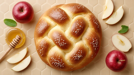 Round challah and apple slices with honey for rosh hashanah celebration or design