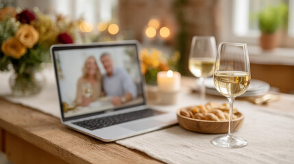 Cozy virtual gathering with snacks, wine, and laptop for relaxed online connection