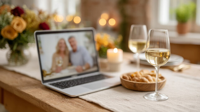 Cozy virtual gathering with snacks, wine, and laptop for relaxed online connection