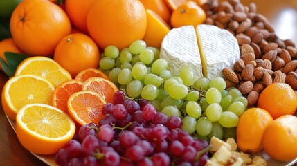A creative gourmet fruit platter with unique cheese pairings, including honey goat cheese and candied nuts, surrounded by citrus