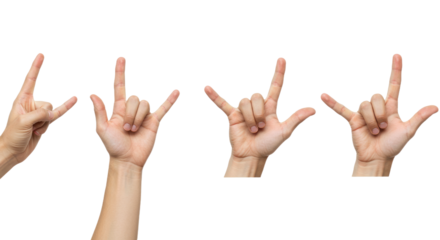 Four Hands Displaying I Love You Sign Language on White Background.