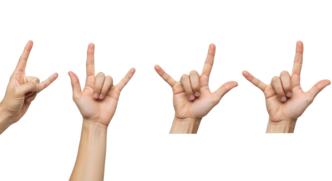 Four Hands Displaying I Love You Sign Language on White Background.