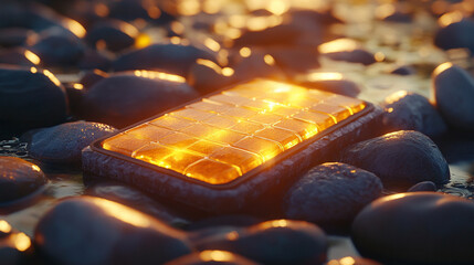 Small mobile solar panel glows orange on natural stones, symbolizing portable renewable energy. Modern eco-friendly technology powering sustainable electricity in an innovative, green energy future co