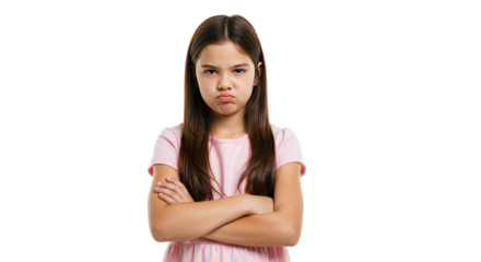 Grumpy Girl with Arms Crossed in Pink Dress on White Background.