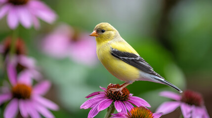 Fototapeta premium Goldfinch nestled on vibrant purple coneflower at dawn in lush garden scene