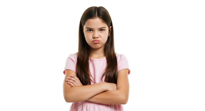 Grumpy Girl with Arms Crossed in Pink Dress on White Background.