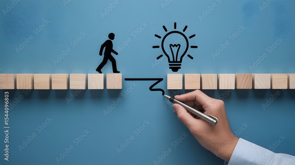 Poster hand drawing bridge connecting man to lightbulb representing problem solving creativity innovation s