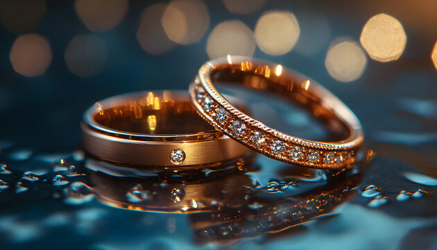 Gold diamond rings rest on rocks in lake. Luxury jewelry concept, featuring precious gemstones, wedding, engagement themes