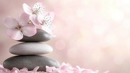 Stacked stones adorned with delicate pink blossoms.