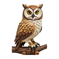 Fototapeta premium Beautiful Wooden Owl Sculpture on Branch-Detailed Bird Art with Yellow Eyes-Unique Home Decor and Wildlife Illustration-Owl on Isolated White Background