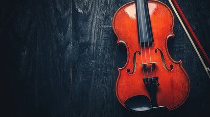 Fototapeta premium Polished violin resting on a dark wooden surface.