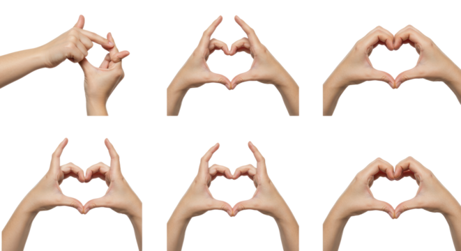 Hands Forming Heart Shapes and Square on White Background.