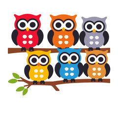 Obraz premium Colorful Cartoon Owls on Branch Vector Illustration- Cute Owl Clipart for Kids- Whimsical Animal Art for Nursery Decor- Educational Illustration for Children