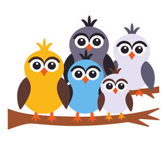 Fototapeta premium Colorful Cartoon Owls on a Branch Illustration-Cute Bird Family Graphic for Kids-Bright and Cheerful Artwork for Children's Designs-Whimsical Owl Clipart