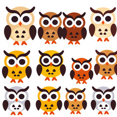 Obraz premium Colorful Cute Owls Vector Illustration - Adorable Cartoon Owl Pattern Design - Playful Owls in Various Colors for Creative Projects