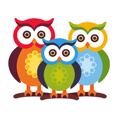 Colorful Owl Family Illustration- Cute Cartoon Owls on Branch- Whimsical Art for Kids- Adorable Animal Design- Playful Owl Decor- Bright and Cheerful Image