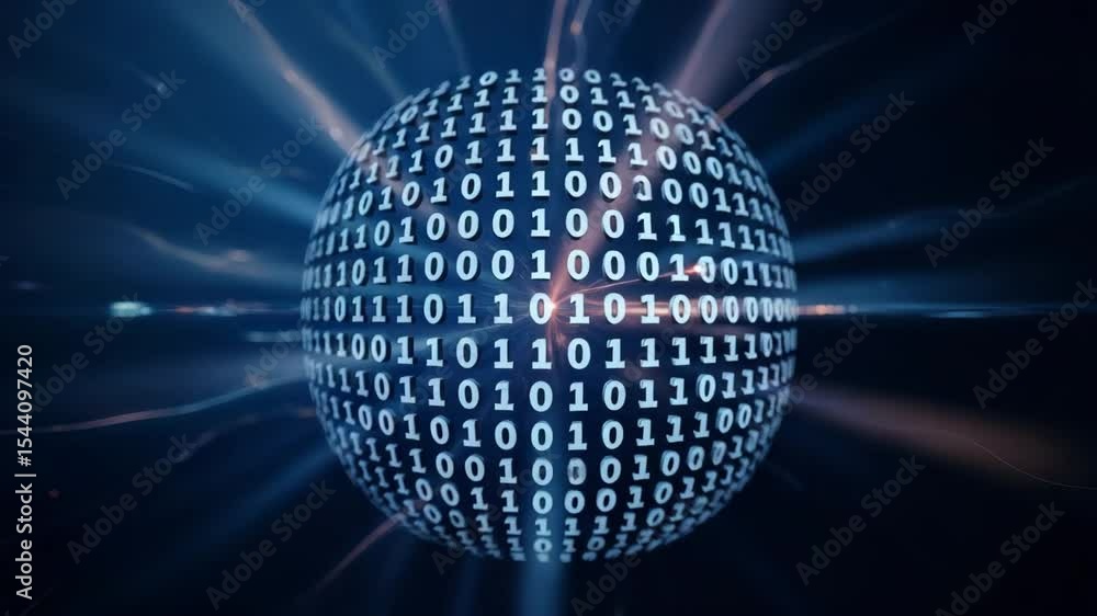 Poster a mesmerizing sphere of binary code data streams across a dark blue background showcasing digital te