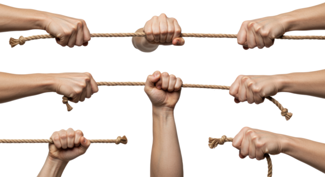 Hands Gripping a Sturdy Brown Rope in TugofWar Style.