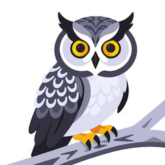 Fototapeta premium Cute Cartoon Owl Illustration-Detailed Bird Artwork with Big Yellow Eyes-Clip Art of a Great Horned Owl Perched on a Branch for Kids and Nature Lovers