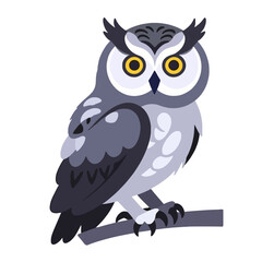 Cute Cartoon Owl Illustration-Gray Owl with Yellow Eyes-Wise Bird Sitting on a Branch-Wildlife Animal Art-Owl Graphic for Kids and Adults