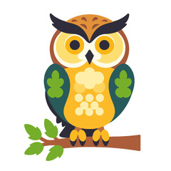 Naklejka premium Cute Cartoon Owl Illustration-Whimsical Bird Graphic on Branch-Colorful Animal Art for Kids-Educational Nature Design-Playful Wildlife Image