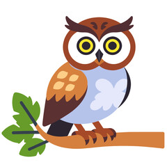 Naklejka premium Cute Cartoon Owl on Branch Illustration-Adorable Owl Clipart-Perfect for Kids Designs and Educational Resources-Owl Graphic for Teachers and Parents-Nature Inspired Art