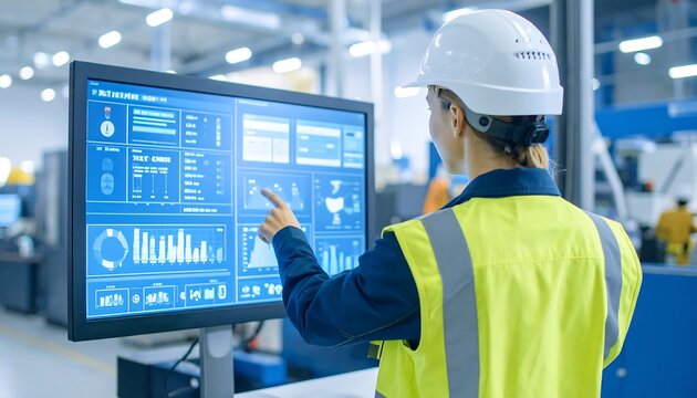 Worker in hard hat interacts with a digital interface in a bright manufacturing environment setting.