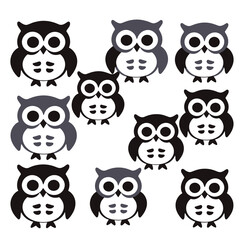 Obraz premium Cute Cartoon Owls Pattern - Whimsical Black and Gray Owl Illustration - Adorable Bird Design for Crafts and Decorations - Owl Themed Background Image