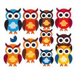 Cute Colorful Owl Clipart-Cartoon Owl Illustration for Kids-Whimsical Owl Design-Owl Vector Graphic-Playful Owls in Blue Red and Orange-Unique Owl Characters-Owl Lover Art-Owl Theme Decor