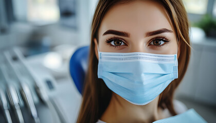 Confident woman in face mask at dentist office. Attractive patient with perfect skin, brown eyes smiles at dental clinic. Health care pro ready for dental checkup, treatment