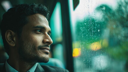 Young asian man sitting in a bus and looking out of a rainy window with a happy expression on his face, footage. Hindu