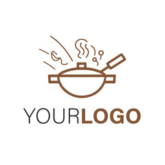 A brown line art logo of a wok with steam and food, isolated on white background