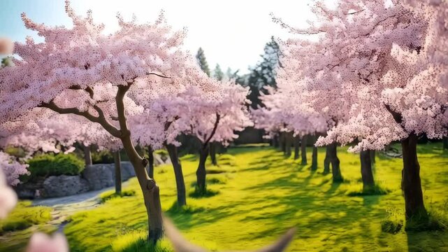 Hairless cat in floral kimono stands amidst blooming cherry blossoms, a serene portrait of spring and cultural fusion, exuding zen