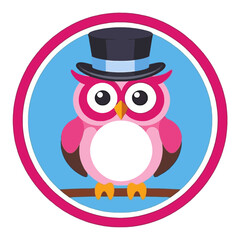 Pink Owl with Top Hat Illustration- Cute Cartoon Animal Character- Funny Bird Graphic Design- Whimsical Clip Art for Kids- Playful Digital Artwork