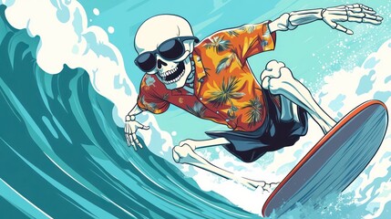 A humorous cartoon surfer skeleton wearing sunglasses and a Hawaiian shirt, catching a wave with a playful vibe
