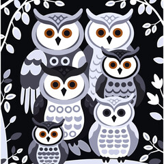 Fototapeta premium Whimsical Owl Family Illustration-Cute Bird Cartoon Art-Owl Themed Decor-Stylized Owl Design-Graphic Owl Pattern-Modern Nursery Art-Owl Lover Gift-Unique Animal Art Print